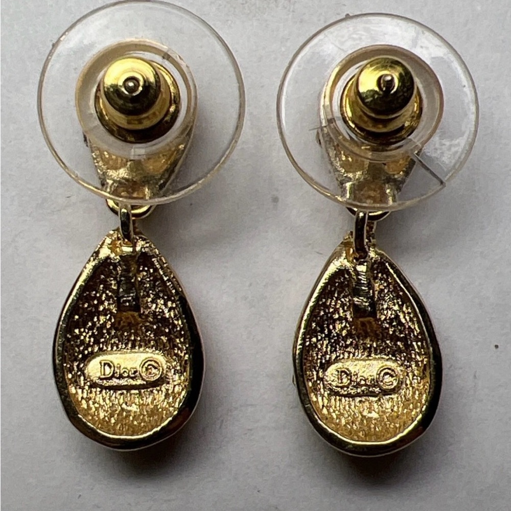 Vintage Christian Dior Orange Rhinestone Teardrop Dangle 14k Gold Post Earrings - Picture 5 of 7